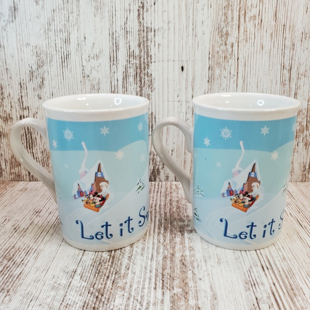 2 Disney Let it Snow Mickey Minnie Sledding Coffee Tea Mugs Christmas Holiday